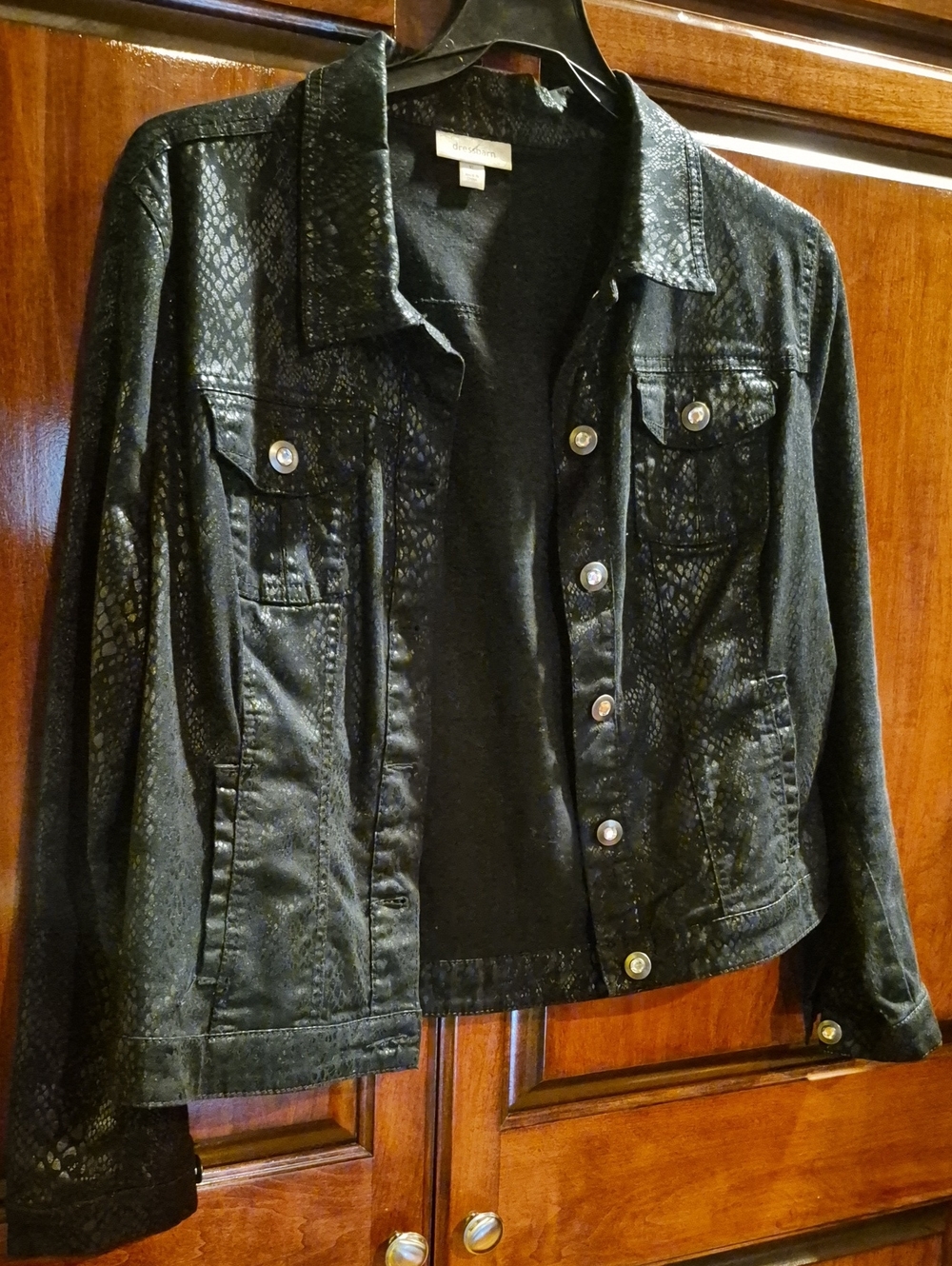 dressbarn Black Faux Snakeskin Jean Jacket